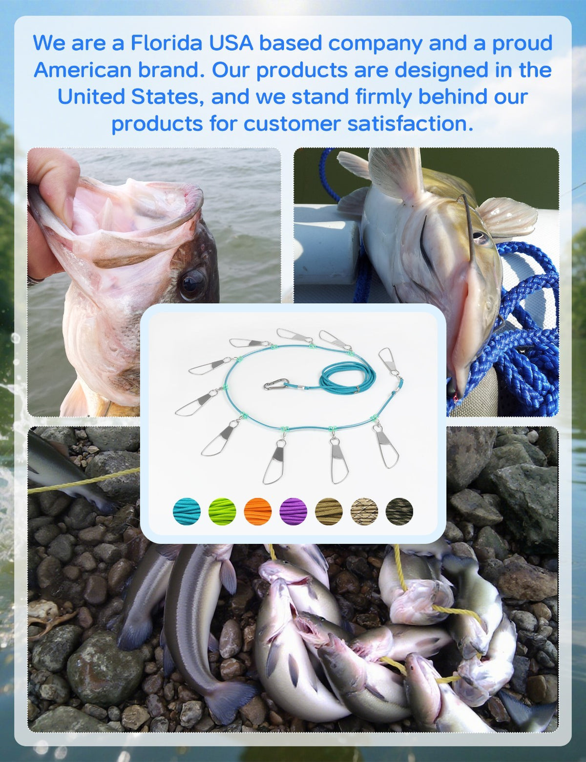 8ft Fishing Stringer with Stainless Steel Lock Snaps for Catch Organization