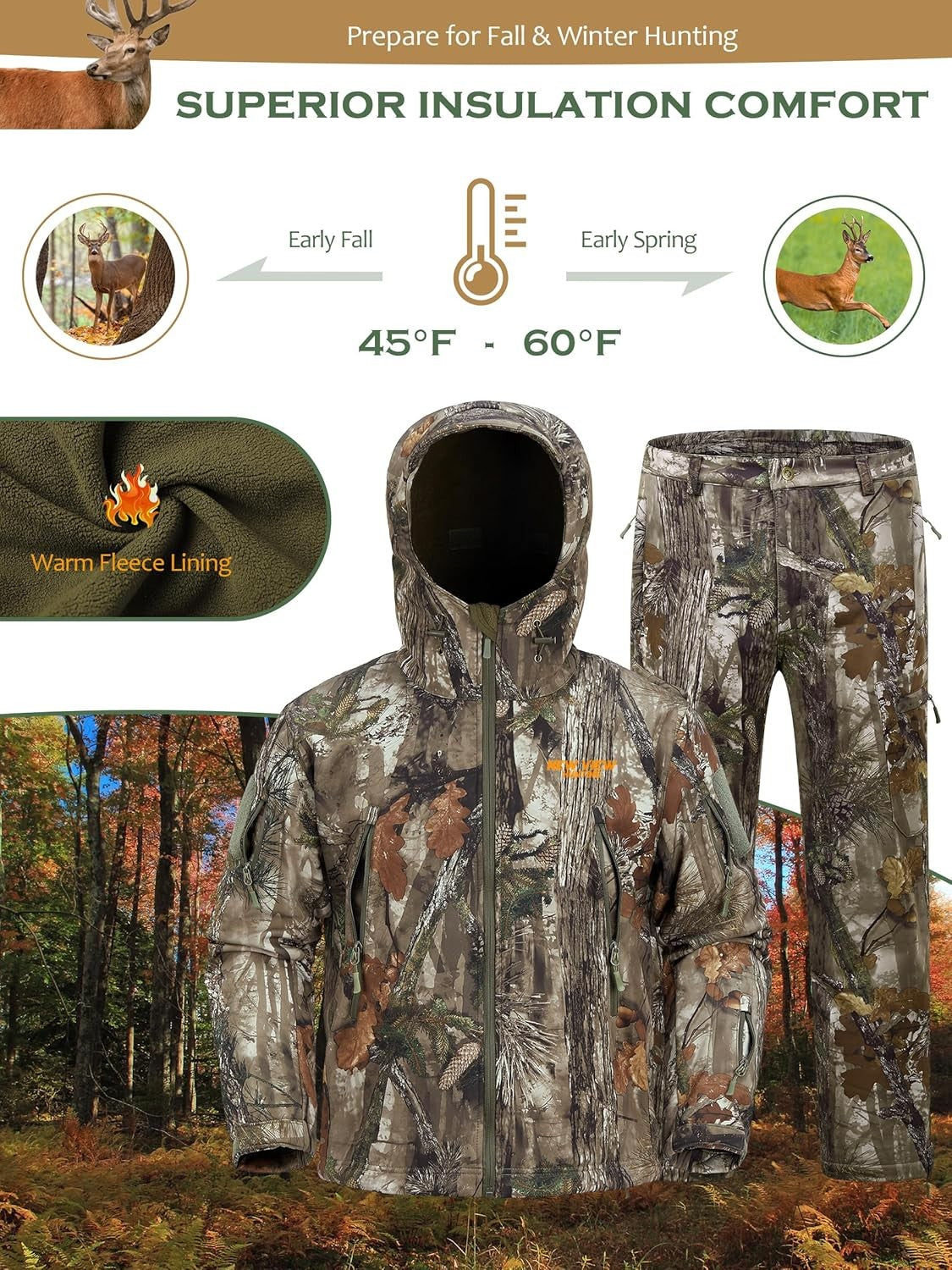 Men's Camouflage Hunting Clothes Set Quiet Warm Jacket & Pants