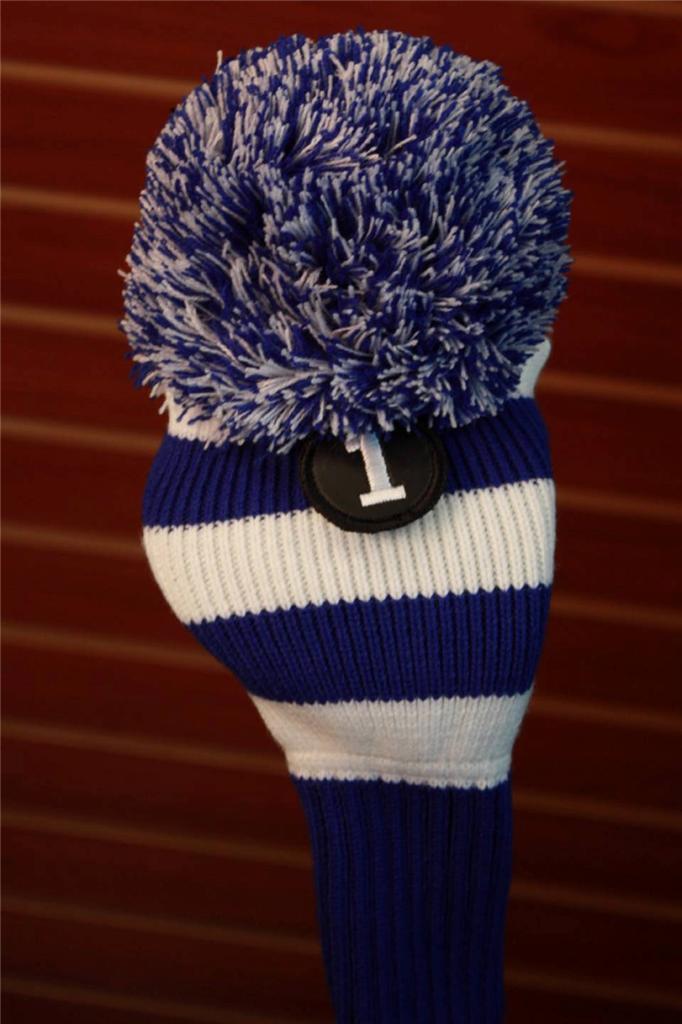 Golf Club Headcover with Pom Pom Knit Sock for Drivers - Blue & White