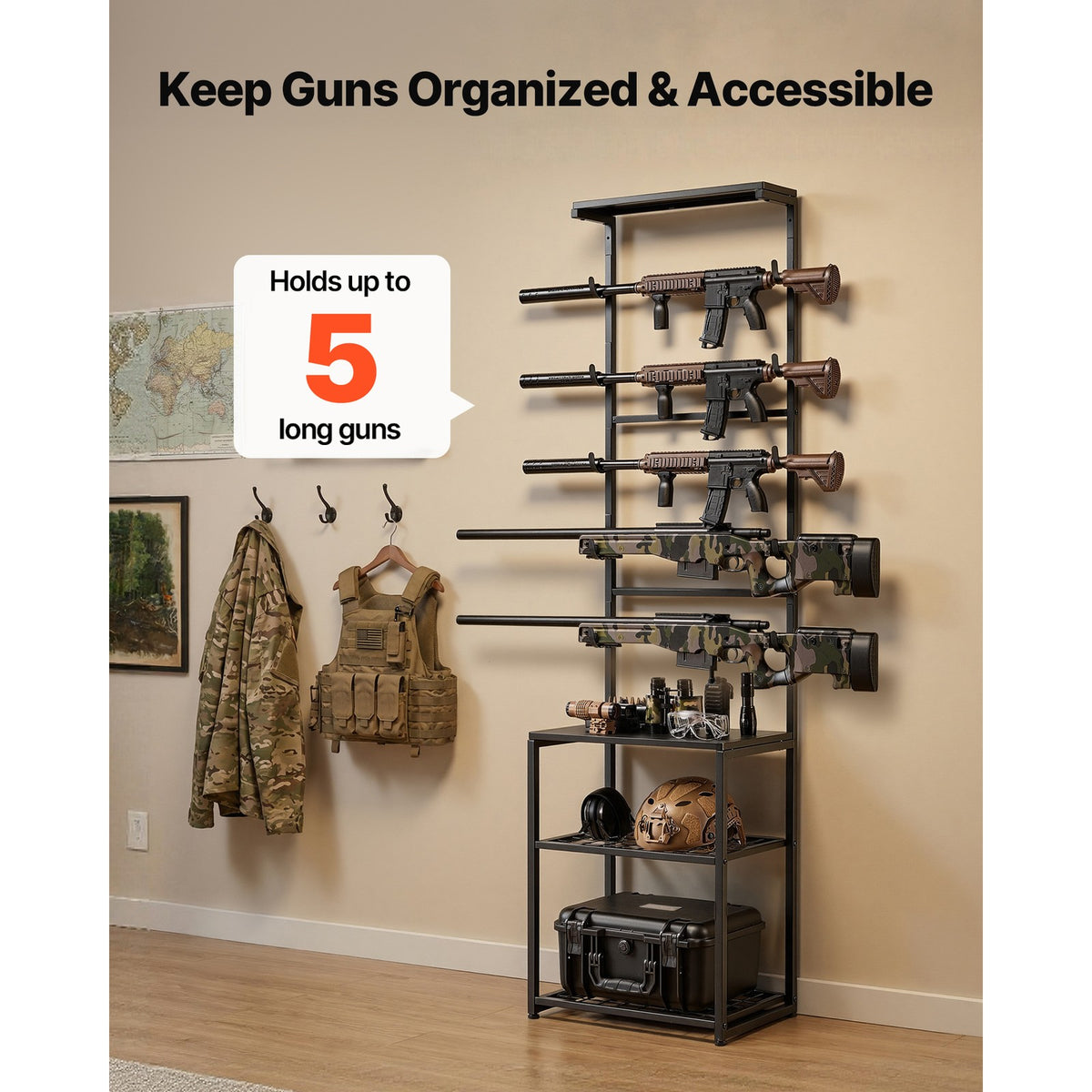 Freestanding and Wall-Mount Gun Rack for 5 Firearms and Tactical Gear