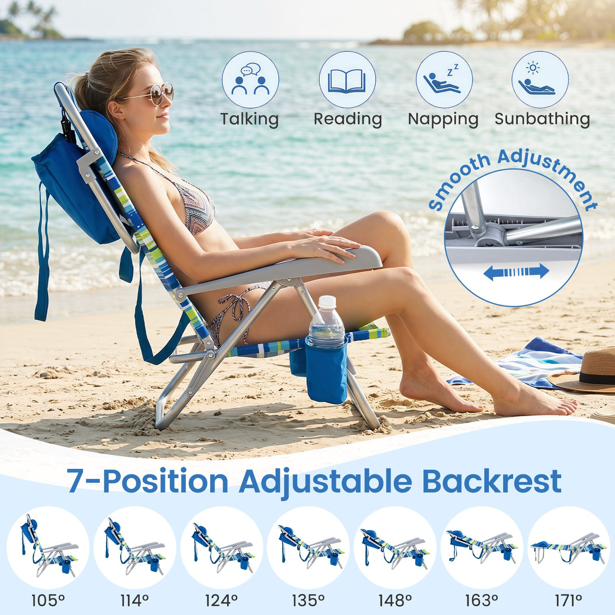 Portable Folding Beach Chair with Cooler Bag & Adjustable Backrest