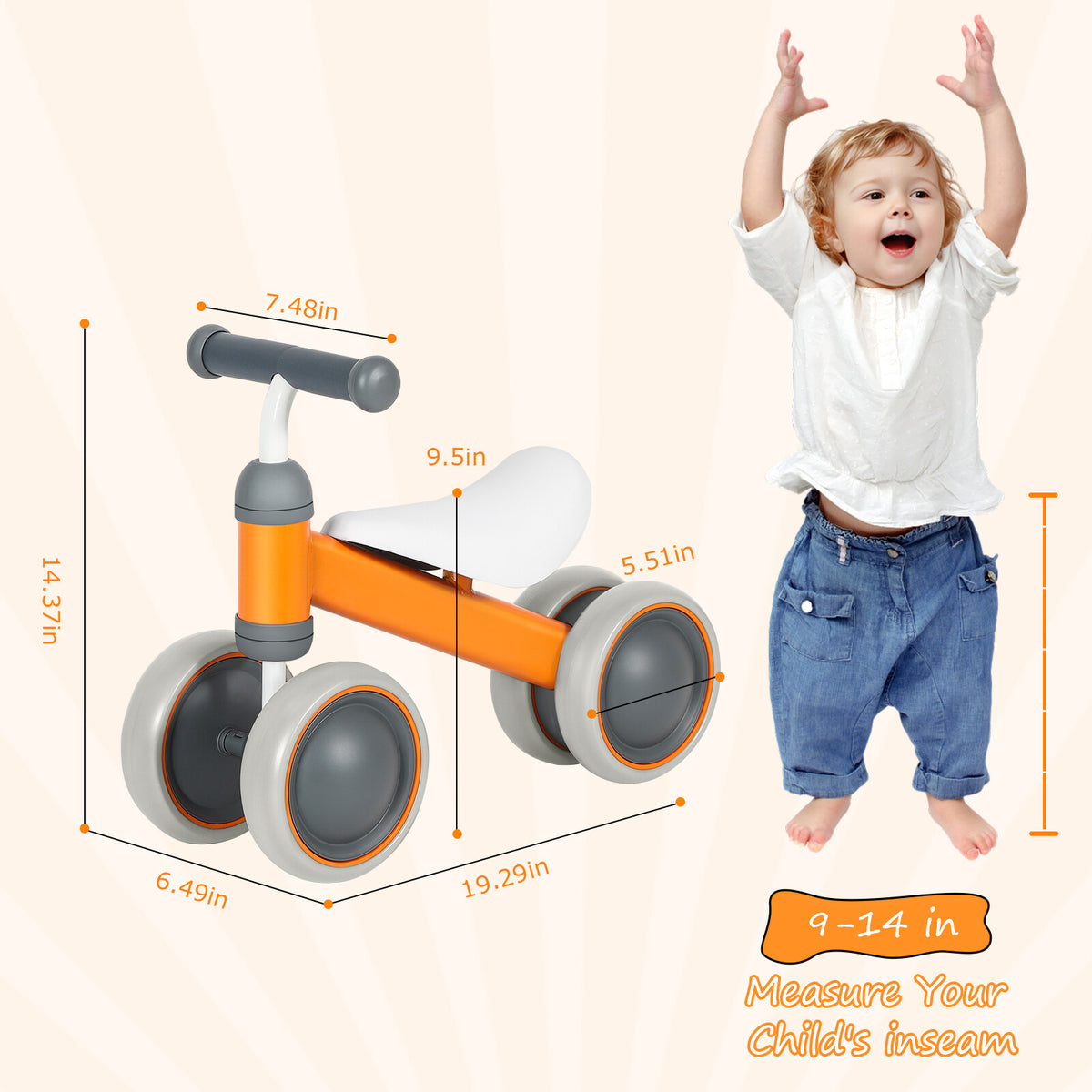 Baby Balance Bike 12-24 Months Toddler First Ride with 4 Wheels, Safe & Sturdy