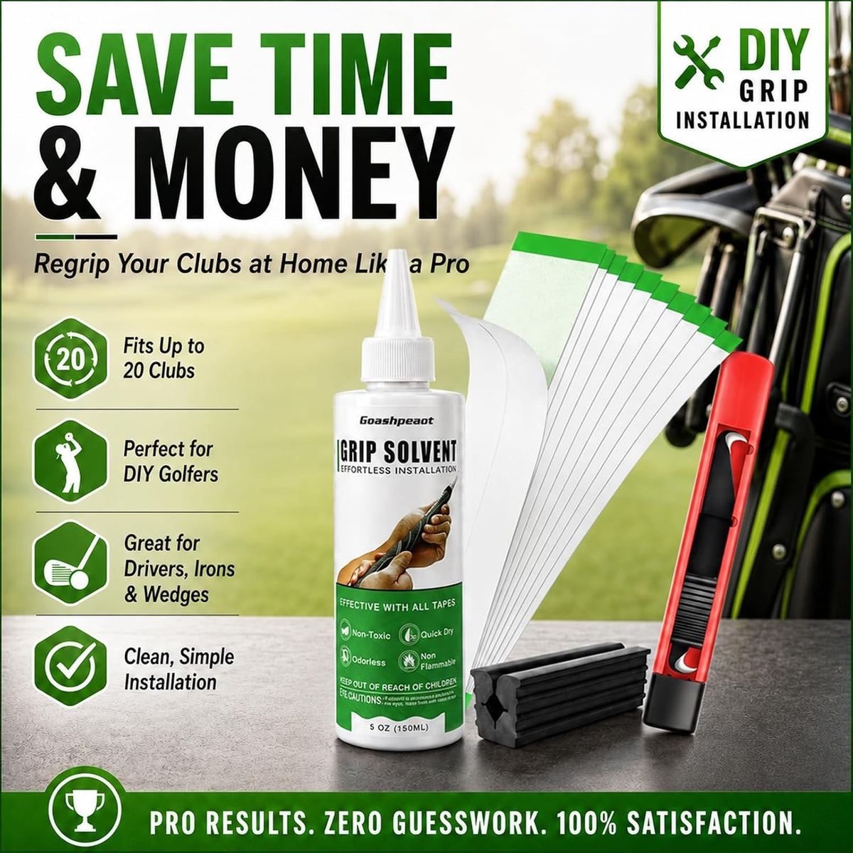 Golf Regripping Kit with Grip Solvent, Double-Sided Tape, Hook Knife & Vise Clamp