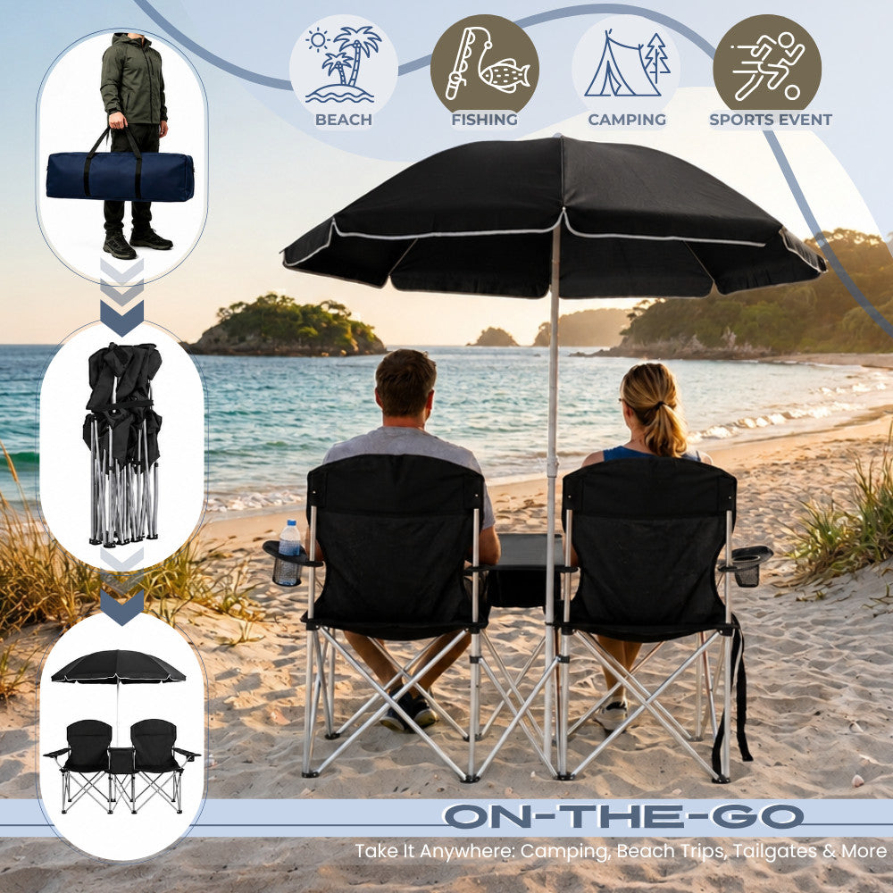 Portable 2-Person Folding Picnic Chair with Umbrella Cooler and Cup Holders