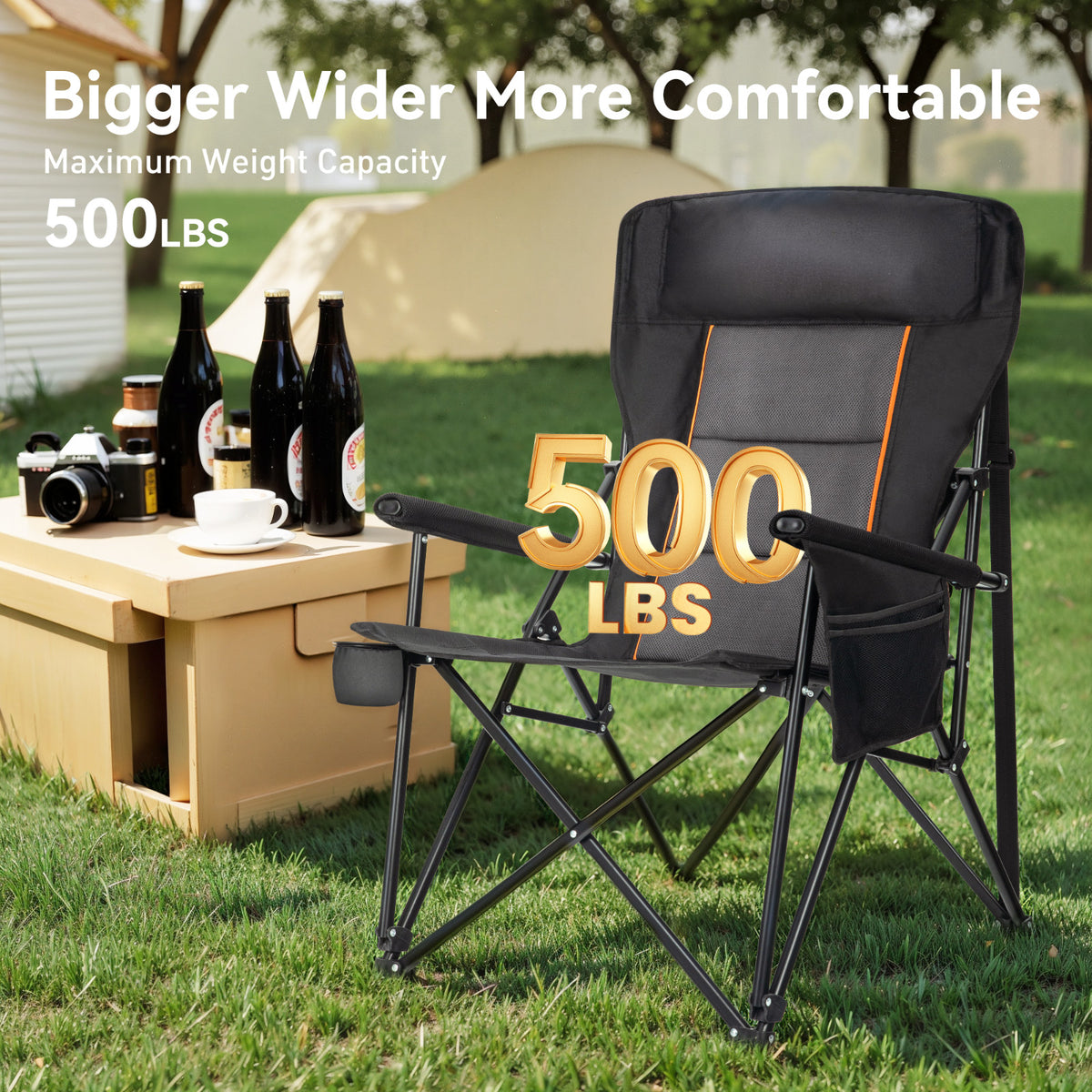 Heavy Duty Oversized Camping Chair with High Back Support - Portable 500LBS Black