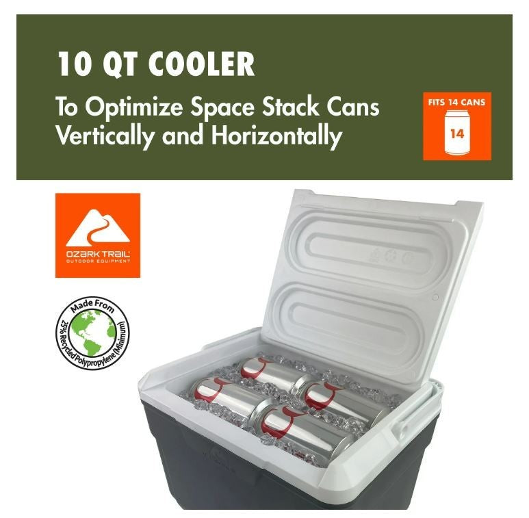 10 Quart Hard Side Cooler - Gray, 14-Can Capacity, Portable Outdoor Ice Chest