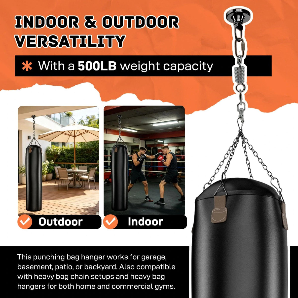 Heavy-Duty Stainless Steel 360° Swivel Punching Bag Hanger with Spring and Carabiners