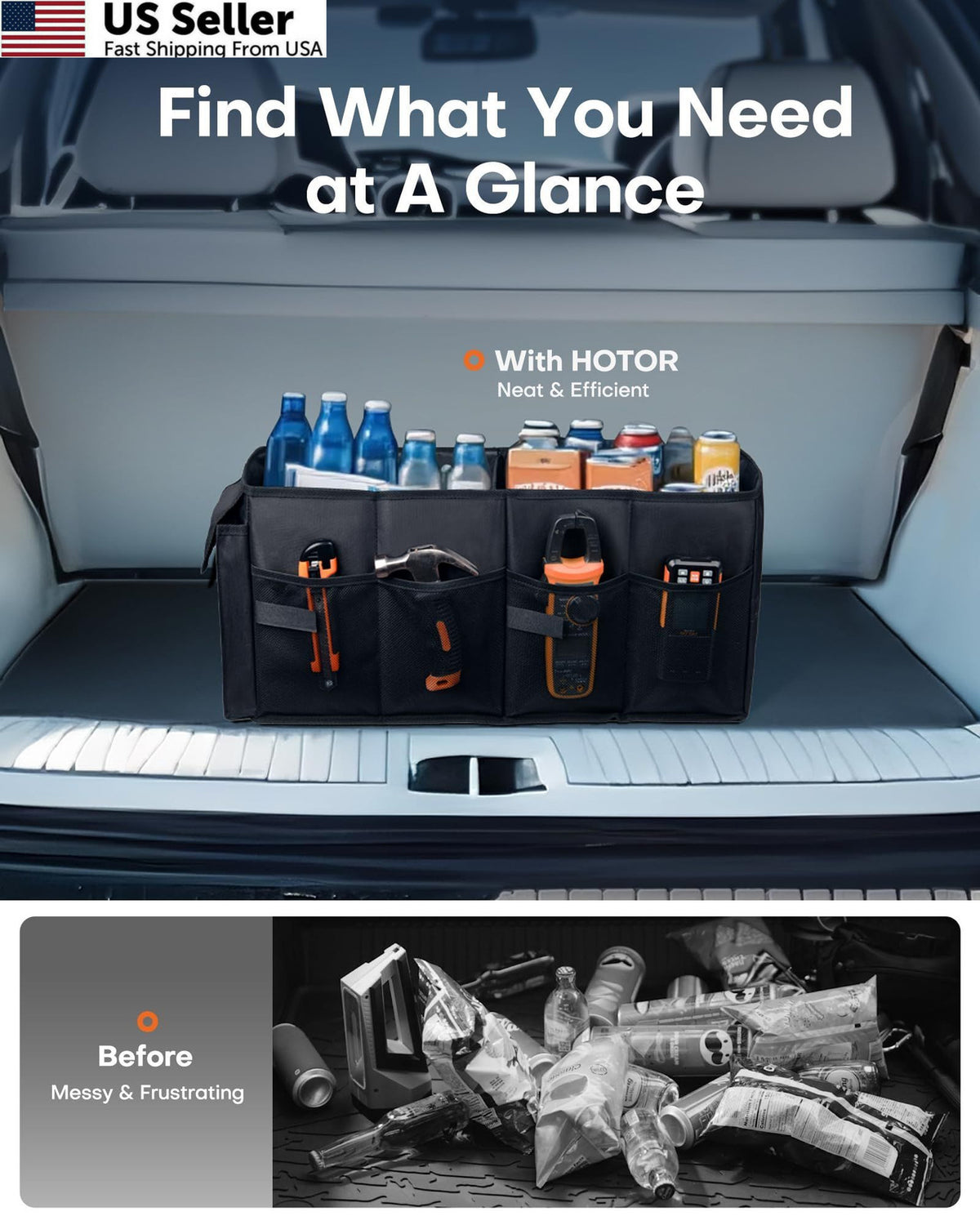Medium Car Trunk Organizer with 2 Compartments - Durable Black Storage Bin
