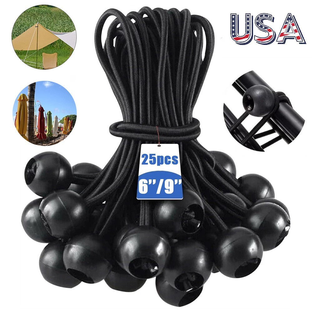 Heavy Duty Bungee Cords with Plastic Ball Ends for Tarp and Gear Securing 6in & 9in