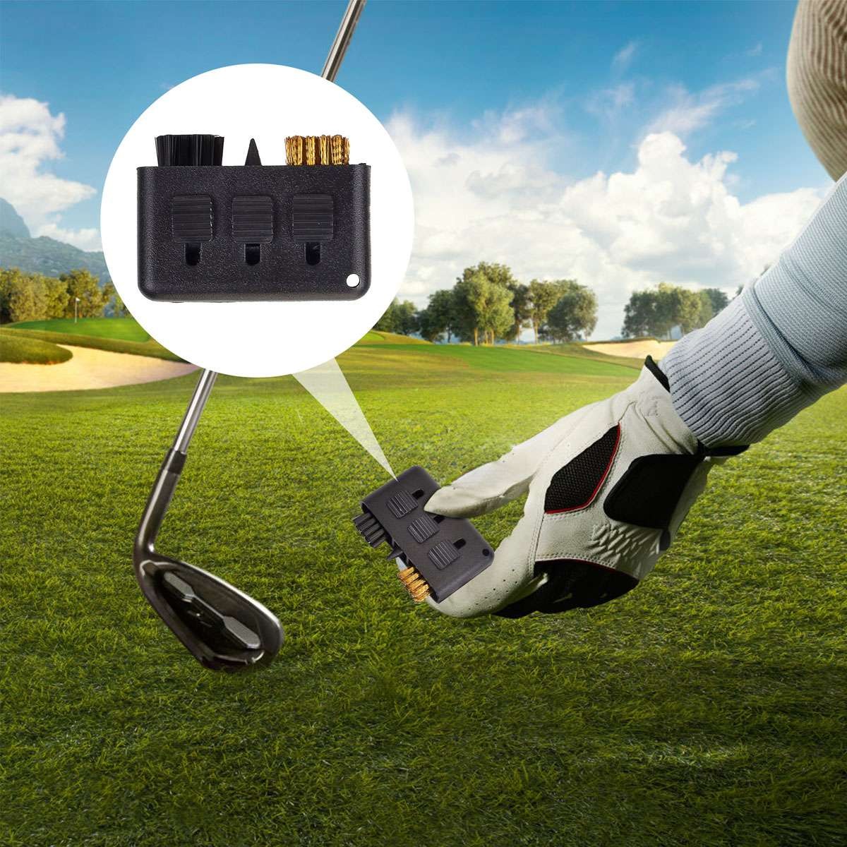 3-in-1 Portable Golf Club Cleaner Brush Retractable Pocket Accessory