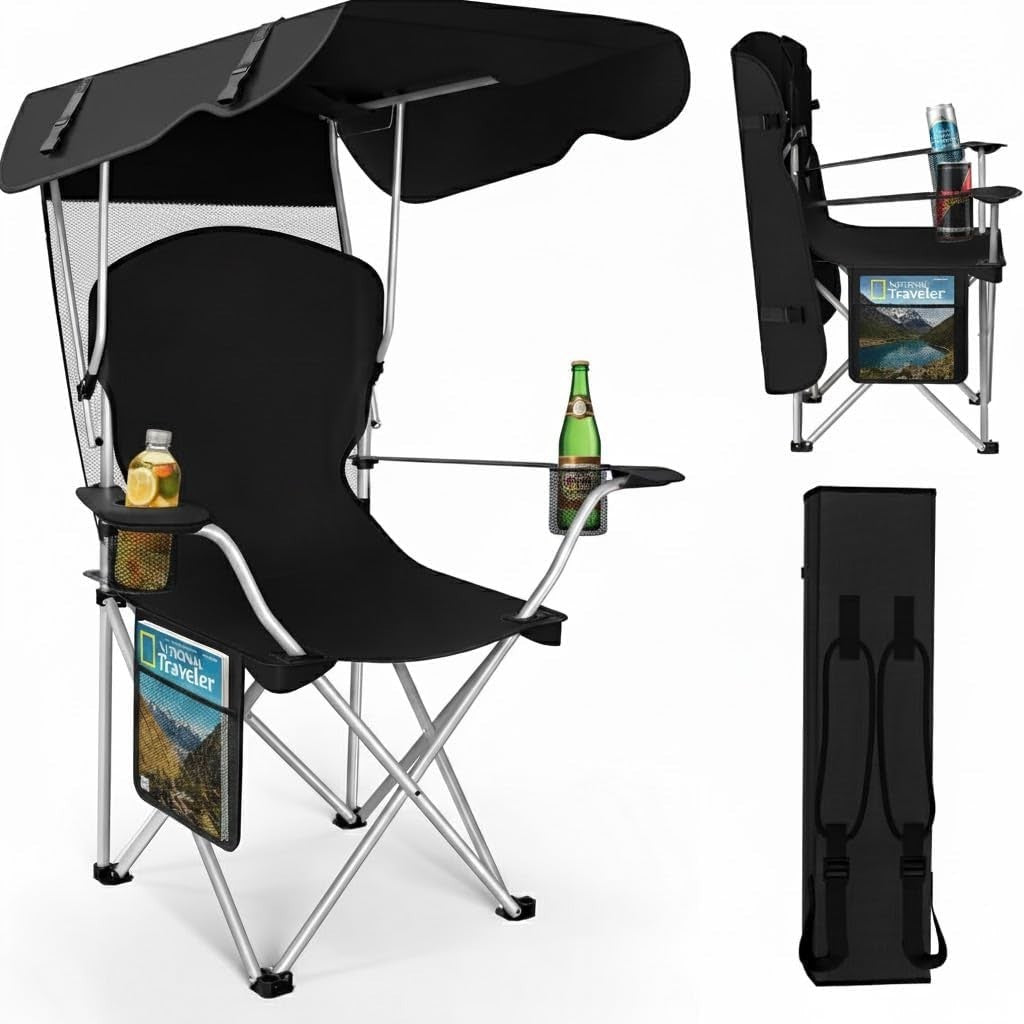 Portable Foldable Camping Chair with Canopy and Sun Shade - Lightweight Outdoor Seating