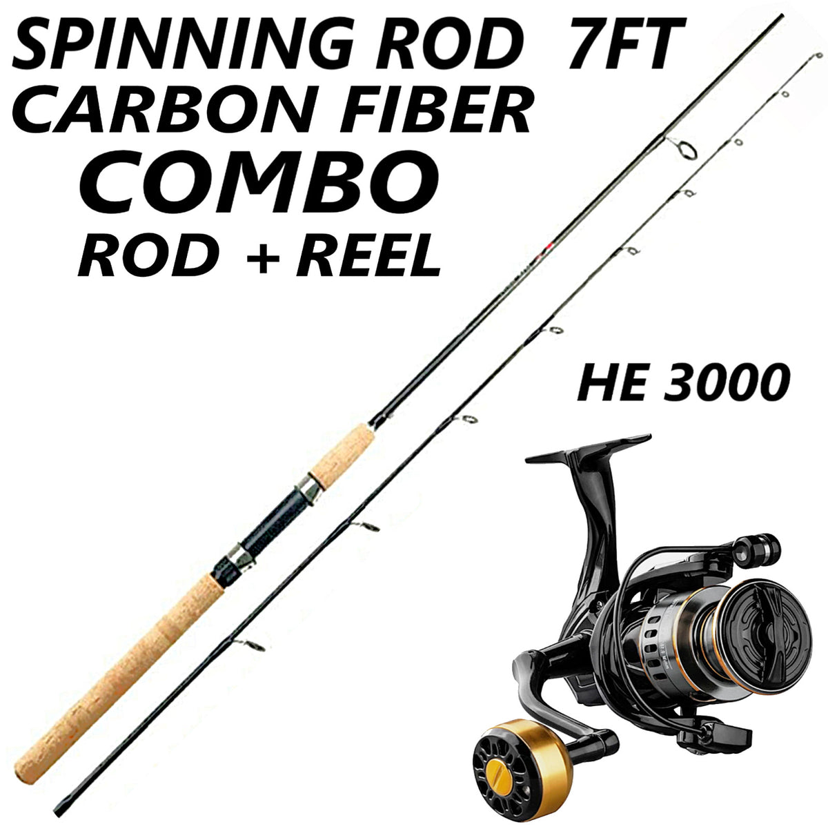 Medium Heavy Carbon Fiber Spinning Fishing Rod & Reel Combo - Fast Action, Cork Handle