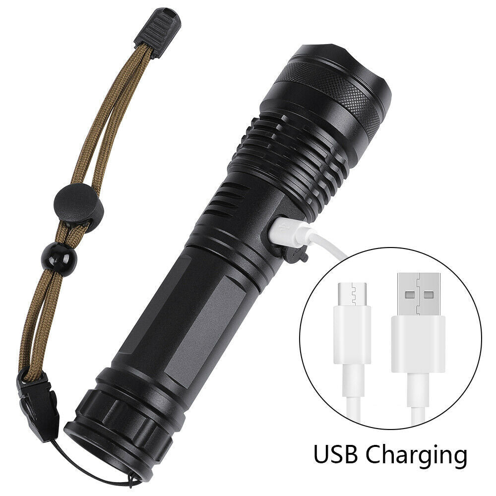 High Power 350,000LM LED Tactical Flashlight Rechargeable Zoom Torch