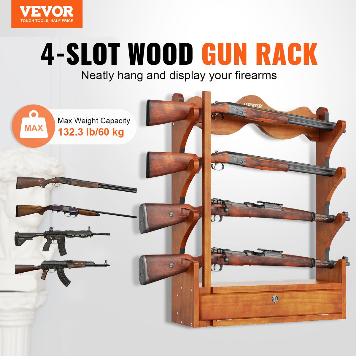 Wood Gun Rack Wall Mount for 4 Rifles - Durable Firearm Display and Storage