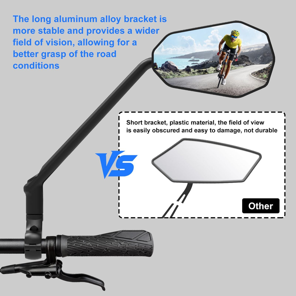HD Wide Angle Bicycle Rearview Mirror with Long Arm - 360° Adjustable Handlebar Mirror for Mountain Road Electric Bikes