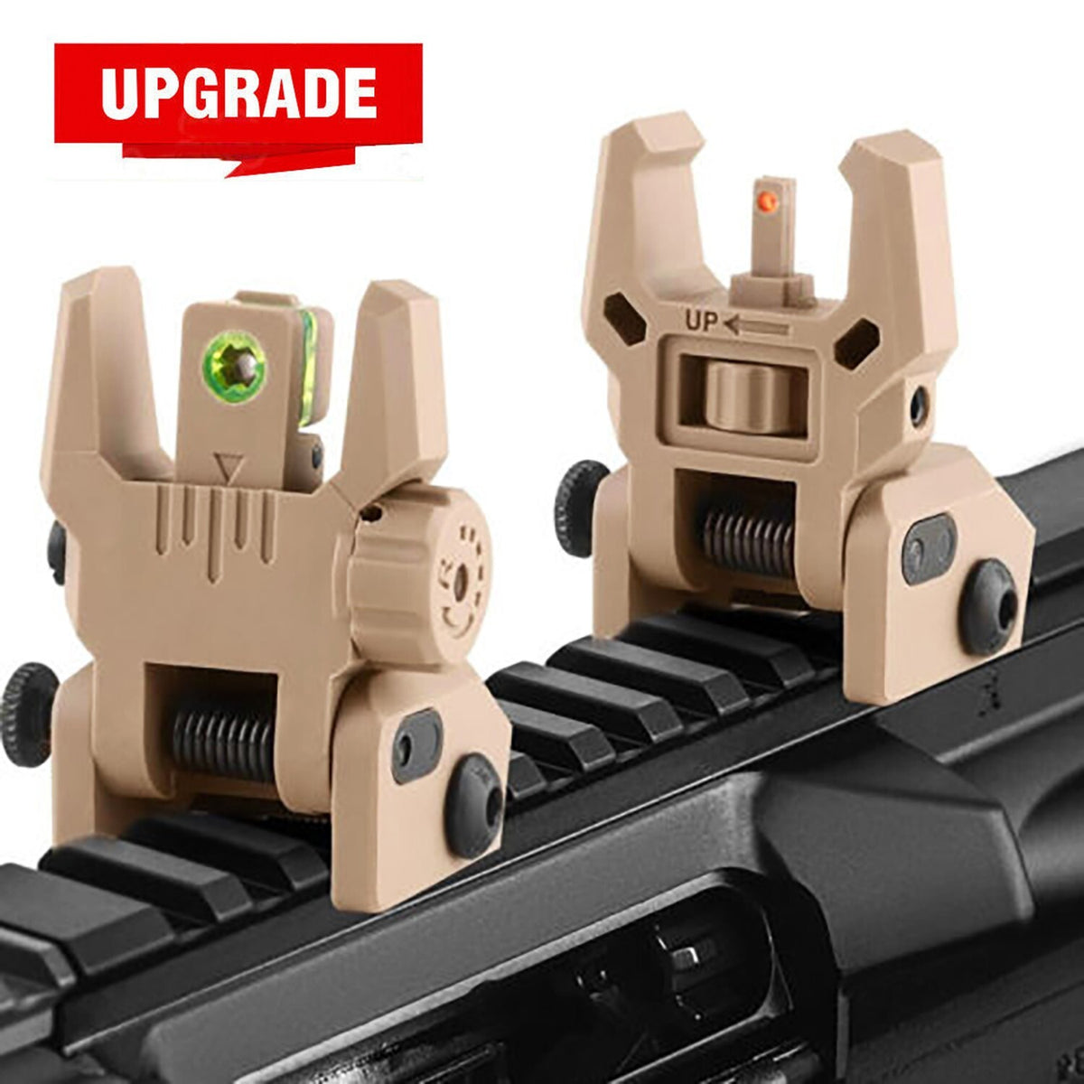Foldable Iron Sights with Fiber Optics for Rifles - Flip-Up Dual Aiming Tan