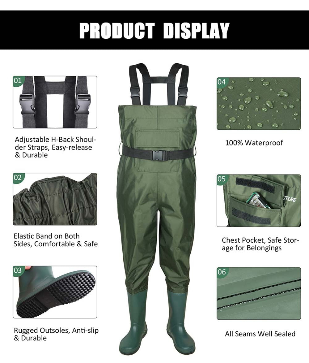 Breathable Waterproof Nylon PVC Fishing Chest Waders with Wading Boots - Army Green