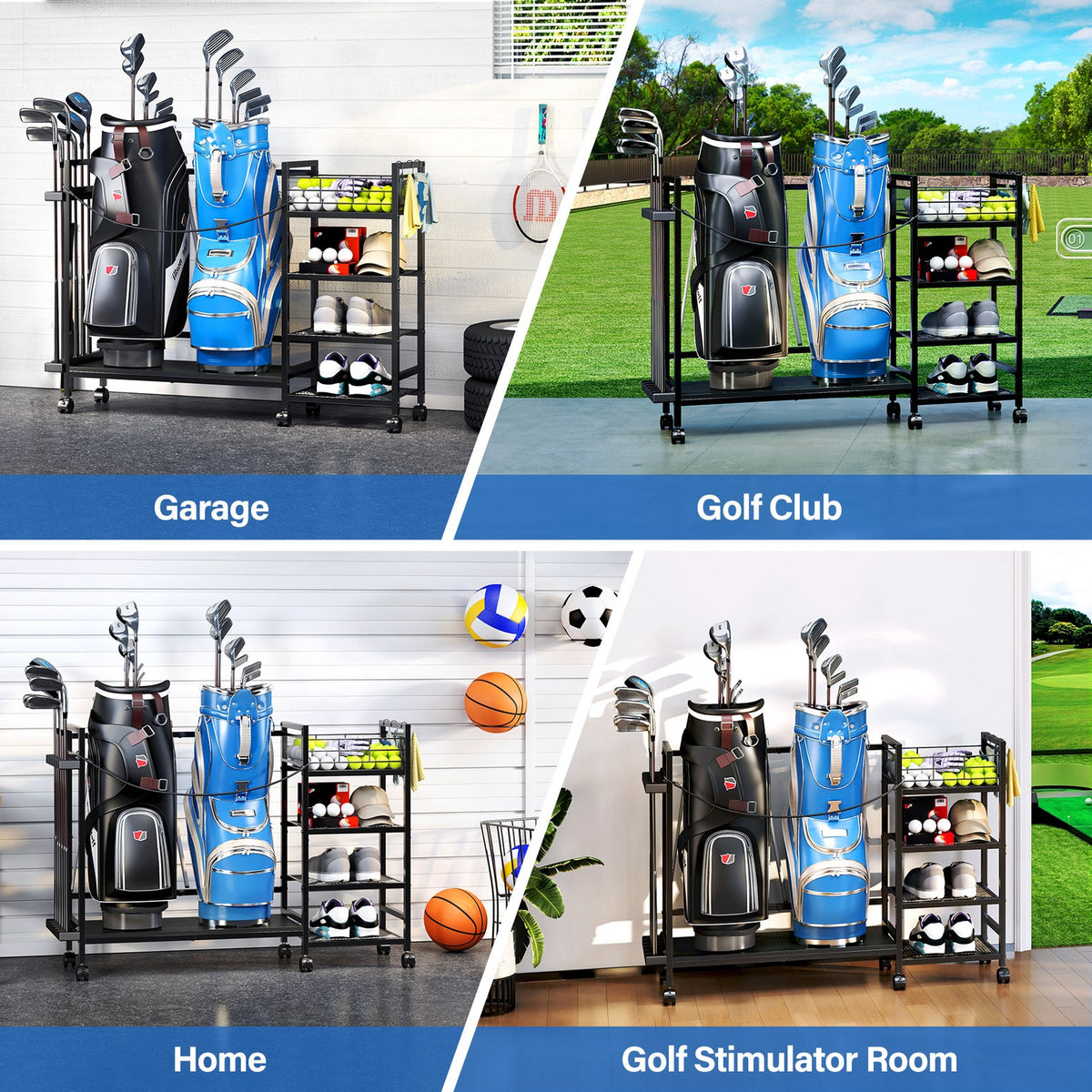 Golf Bag Storage Rack with Wheels - Organize Golf Clubs & Accessories