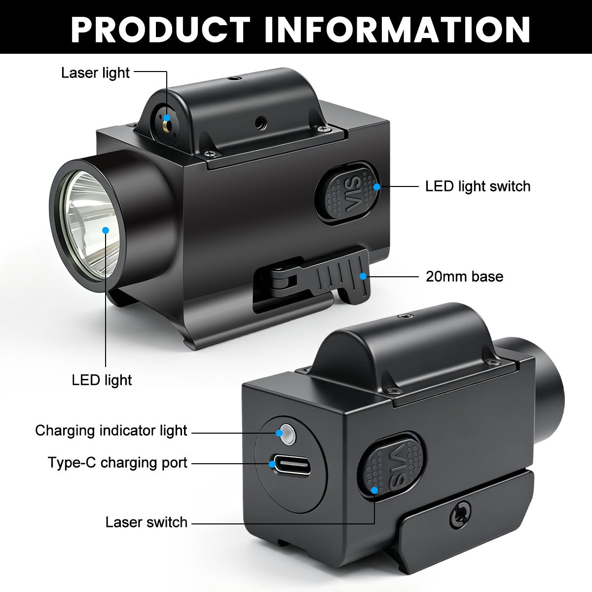 2000 Lumens LED Flashlight & Red Combo for G17 G19 with USB Charging