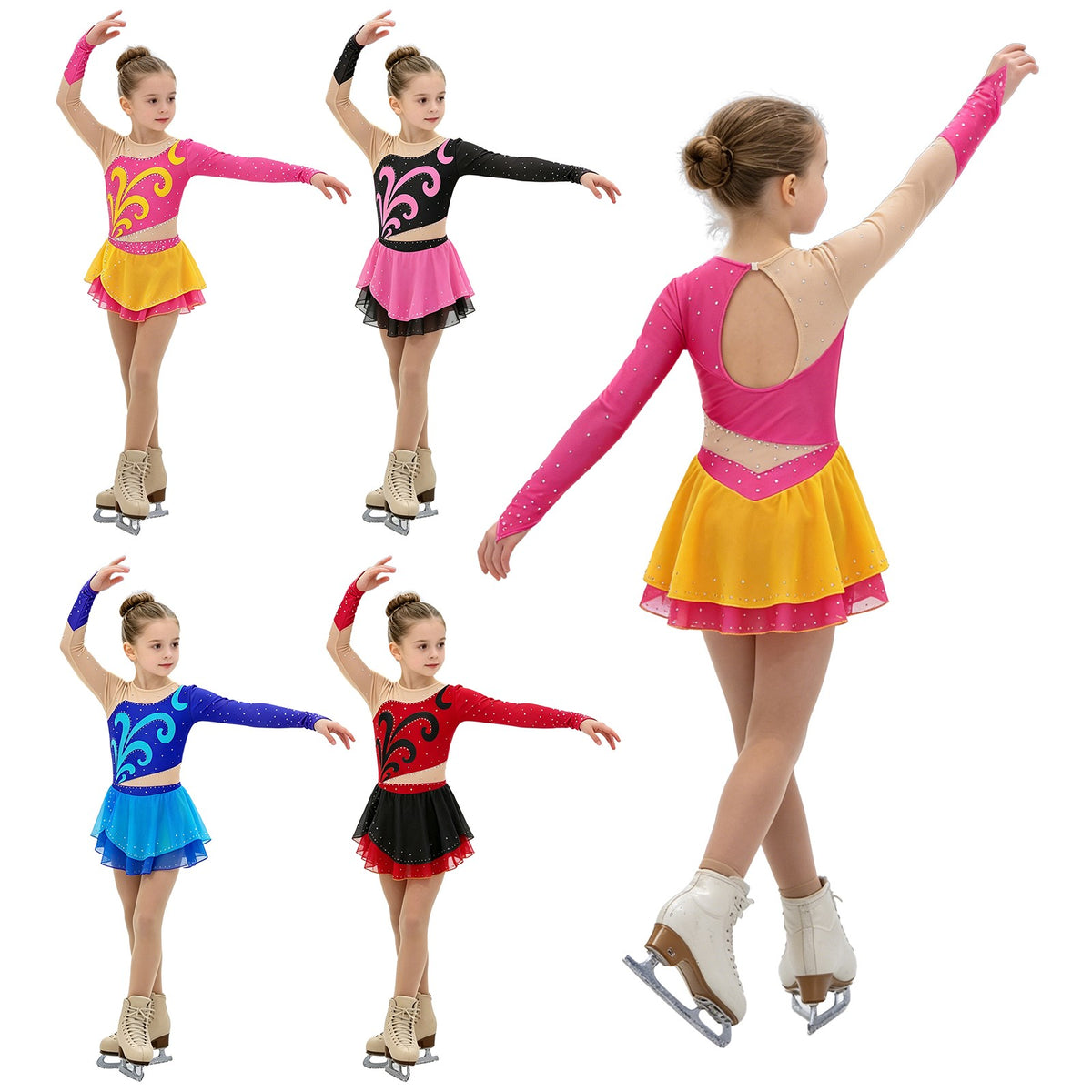 Girls Figure Skating Dress Long Sleeve Rhinestone Mesh Ice Skating Competition