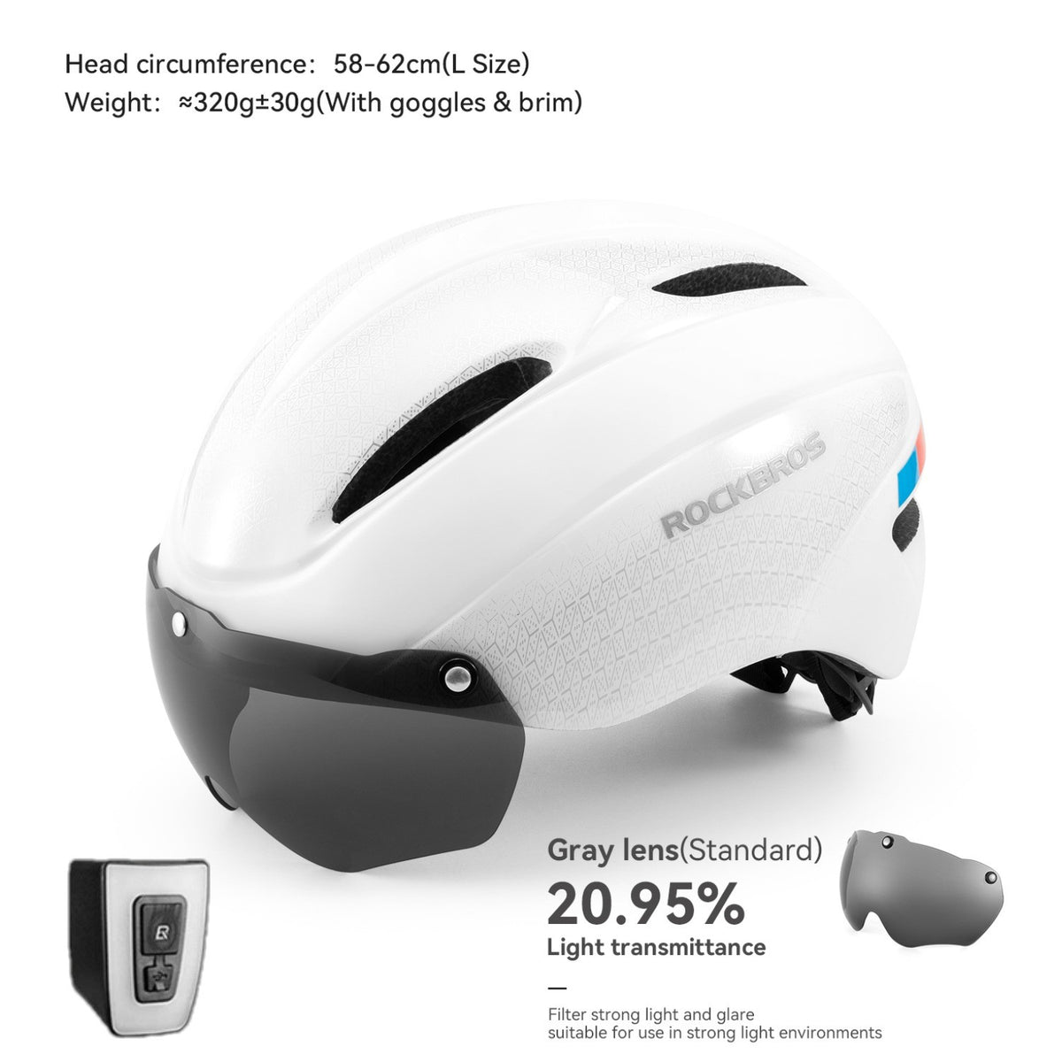 Cycling Helmet with Magnetic Goggles and Rear LED Light - One Size
