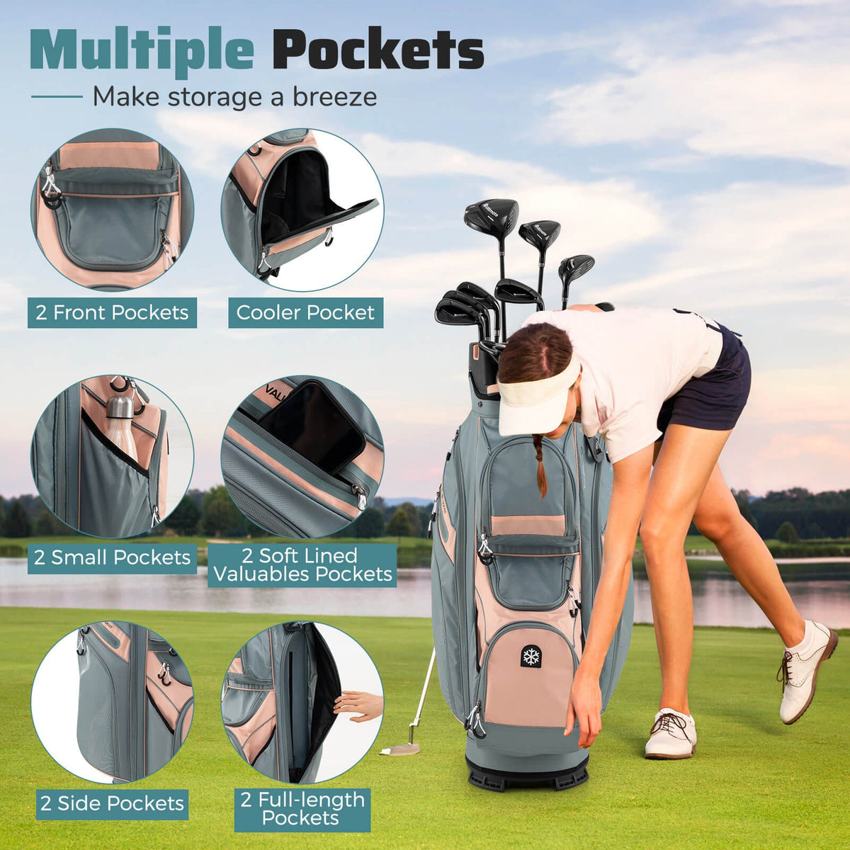 Golf Cart Bag with 14-Way Dividers, 11 Pockets, Cooler & Accessories