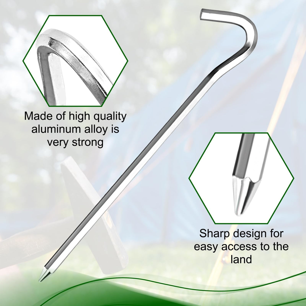 20 Pack Aluminum Tent Stakes with Hooks - Outdoor Camping Ground Anchors