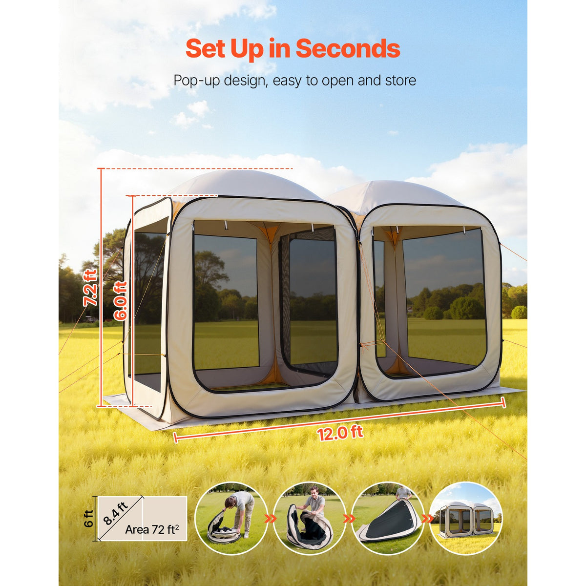 Outdoor Pop-Up Screen Tent 12x6 ft with Carrying Bag for Camping & Garden