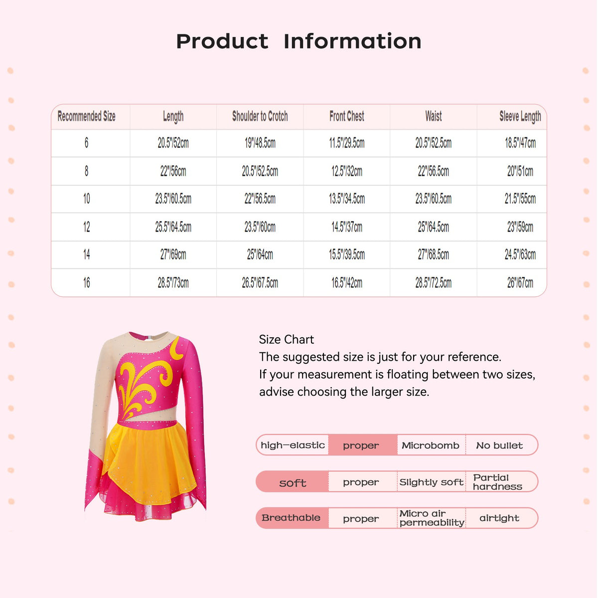 Girls Figure Skating Dress Long Sleeve Rhinestone Mesh Ice Skating Competition