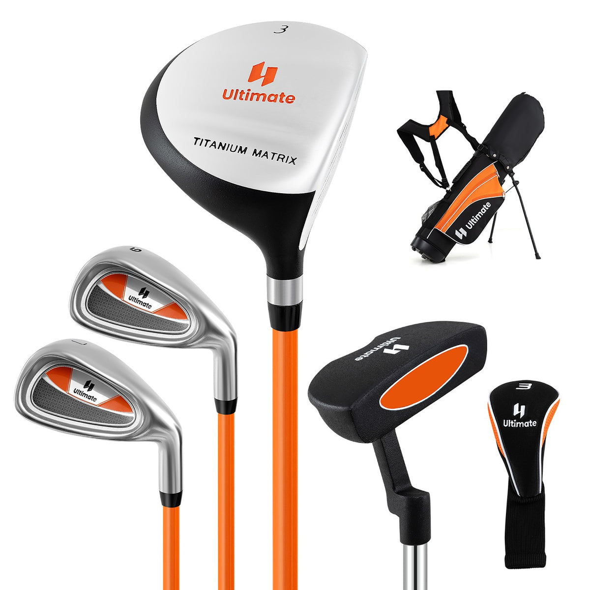Kids 28-Inch Complete Golf Club Set with Stand Bag - Yellow, Beginner Friendly
