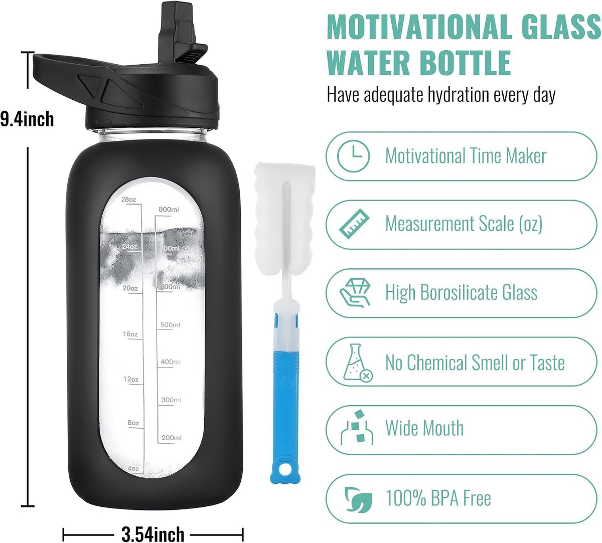 32 oz Glass Water Bottle with Straw & Handle - Large Sports Hydration Bottle