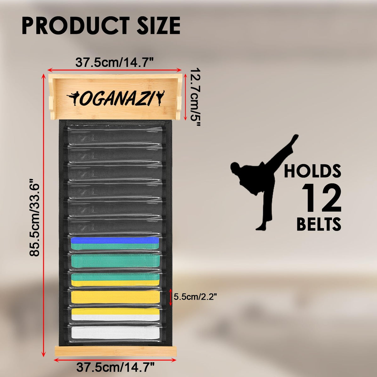 Martial Arts Belt Display Rack for Karate & Taekwondo Belts Wall Mount 12 Belts