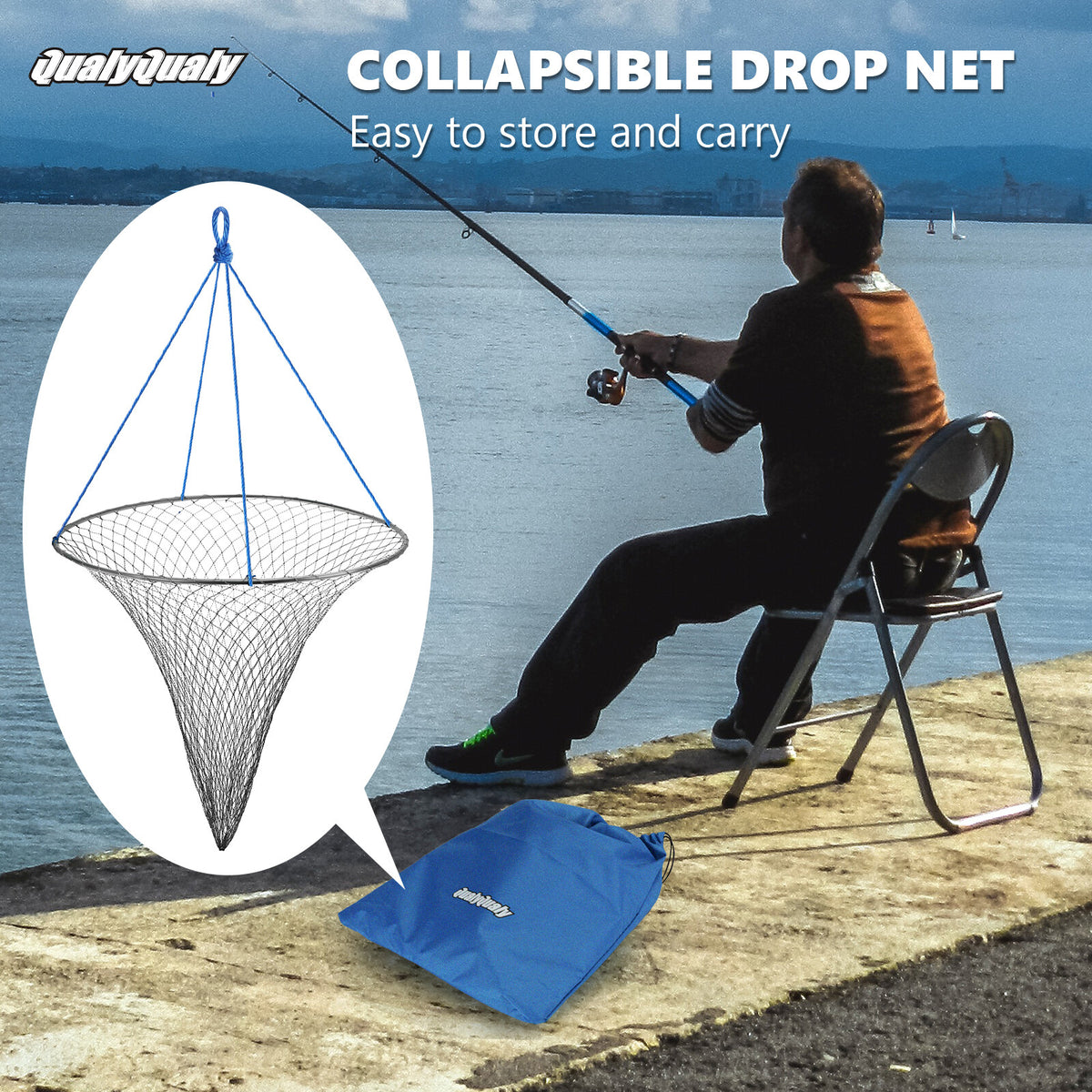 Foldable Bridge and Pier Fishing Net - Steel Hoop, Nylon Mesh, Multi-Size