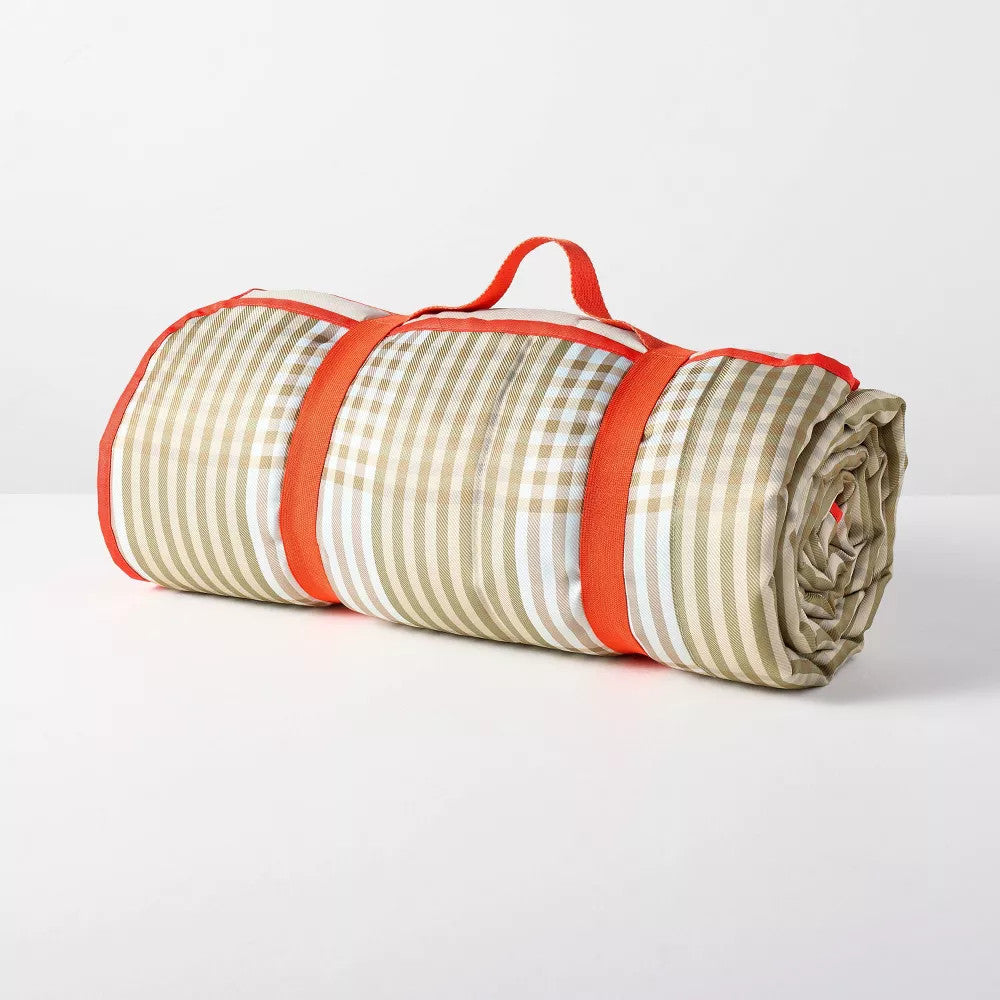 Oversized Picnic Blanket Tan Gingham - Recycled Polyester, Outdoor & Beach Use