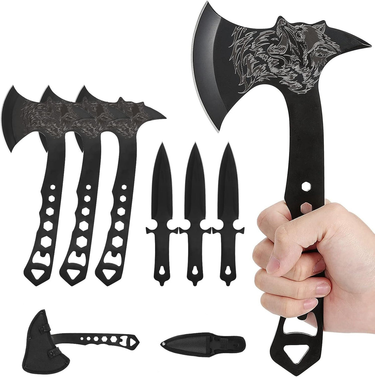 3-Pack Throwing Axes and Tomahawks Kit with Nylon Sheath - 10.4" Stainless Steel Blades, Built-in Corkscrew