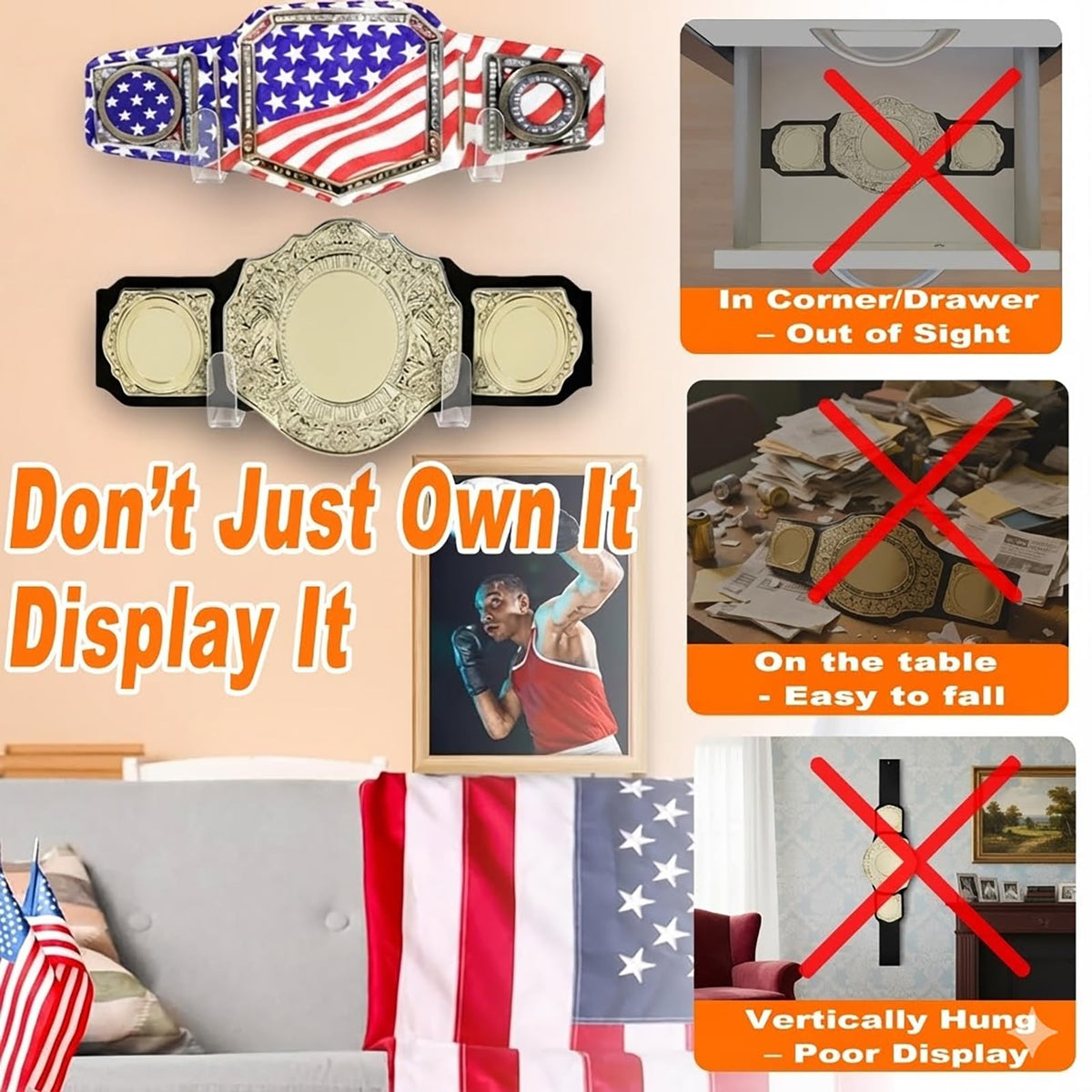 Wrestling Championship Belt Wall Display Case - Horizontal Mounting Hanger