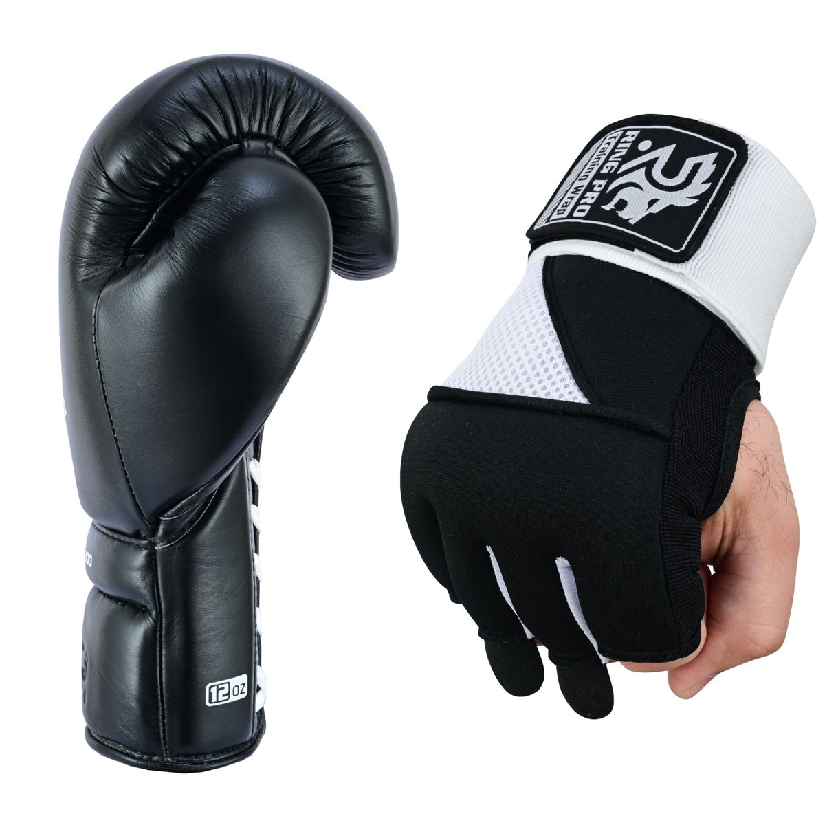 Leather Boxing Gloves 14 oz with Quick Hand Wraps Training Set