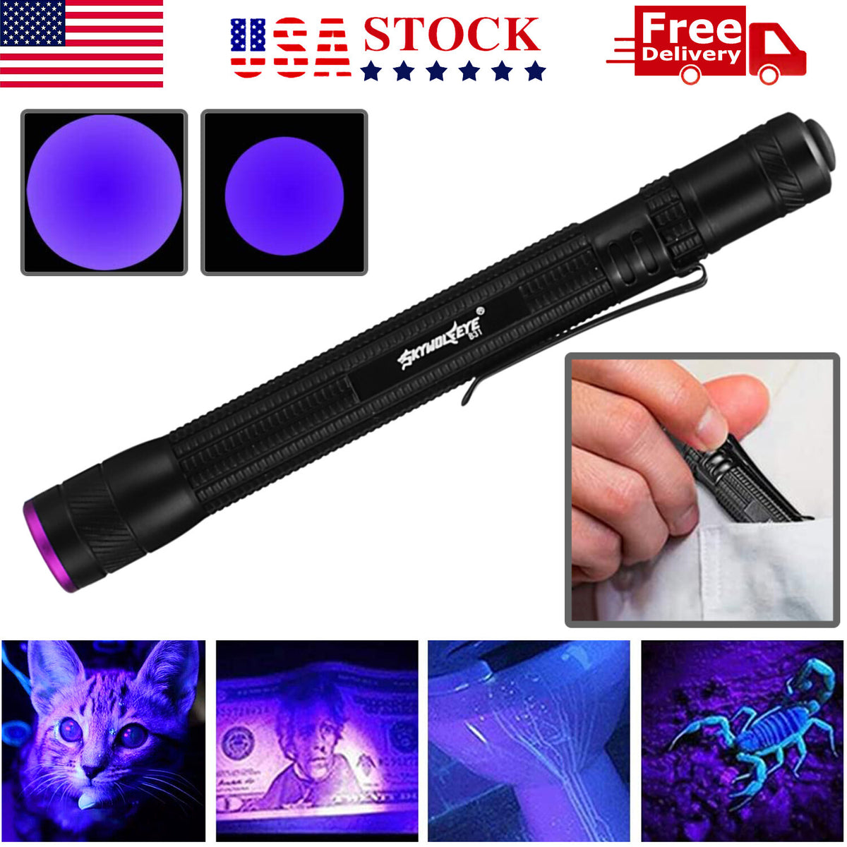 Zoomable 395nm UV Light Penlight Black Light for Detecting Insects Gems and Fluids