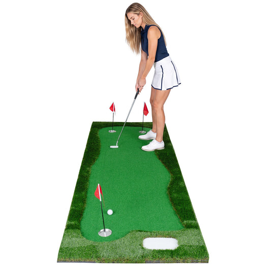 Golf Putting Green Mat Set 10ft with 3 Cups Flags & Covers Indoor Outdoor Practice