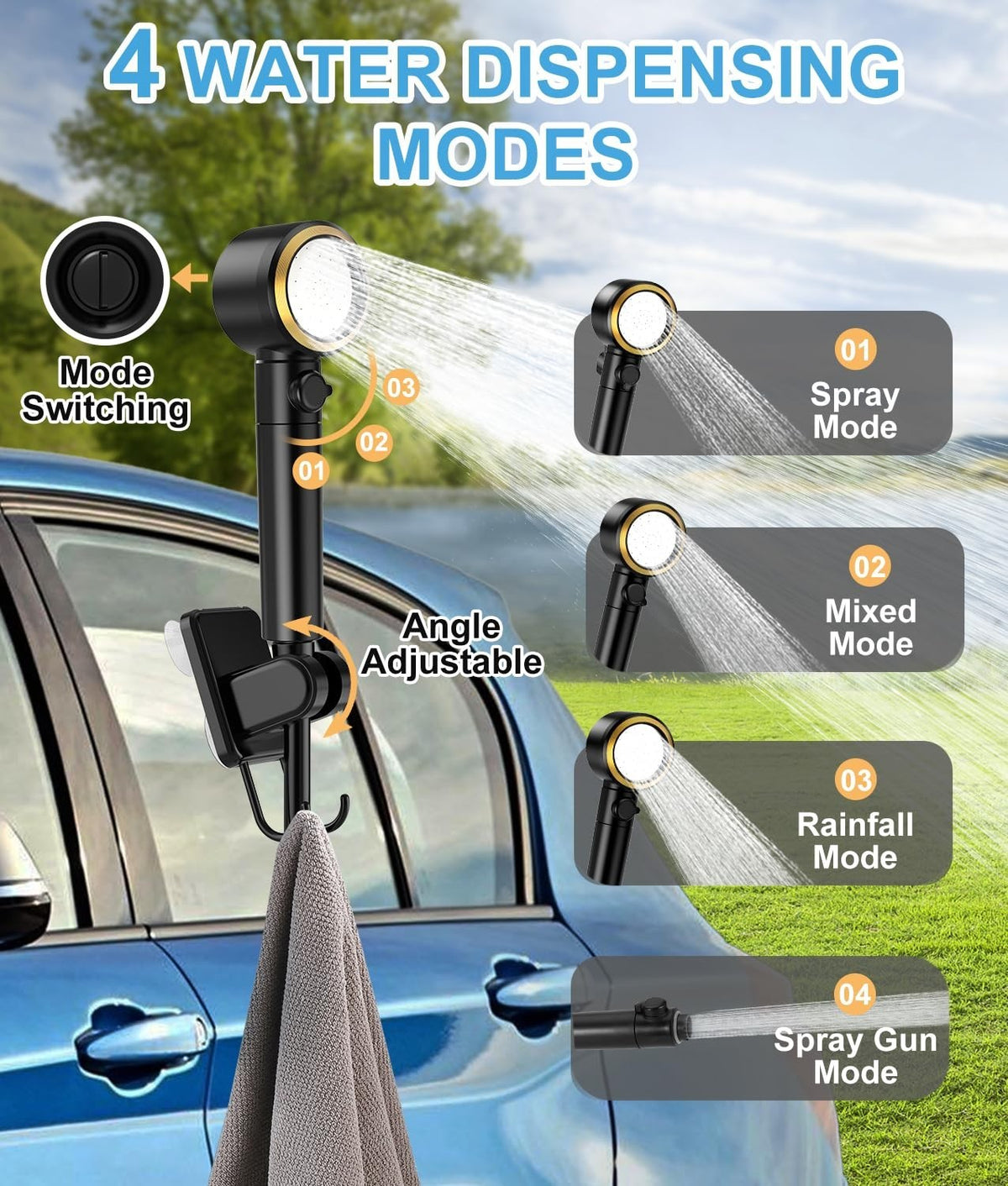Rechargeable Portable Shower with 8000mAh Battery, 5 Pressure Levels & Digital Display