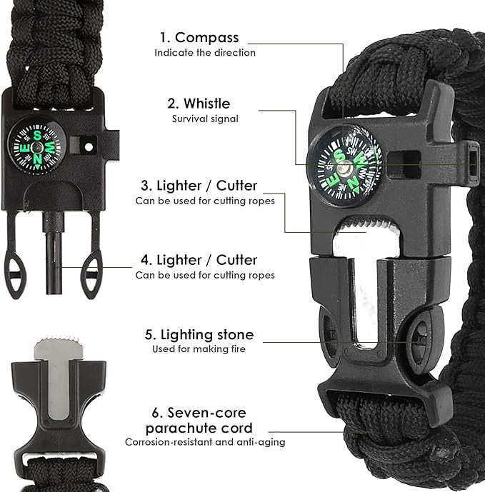 Multifunctional Survival Paracord Wristband with Compass Fire Starter Whistle