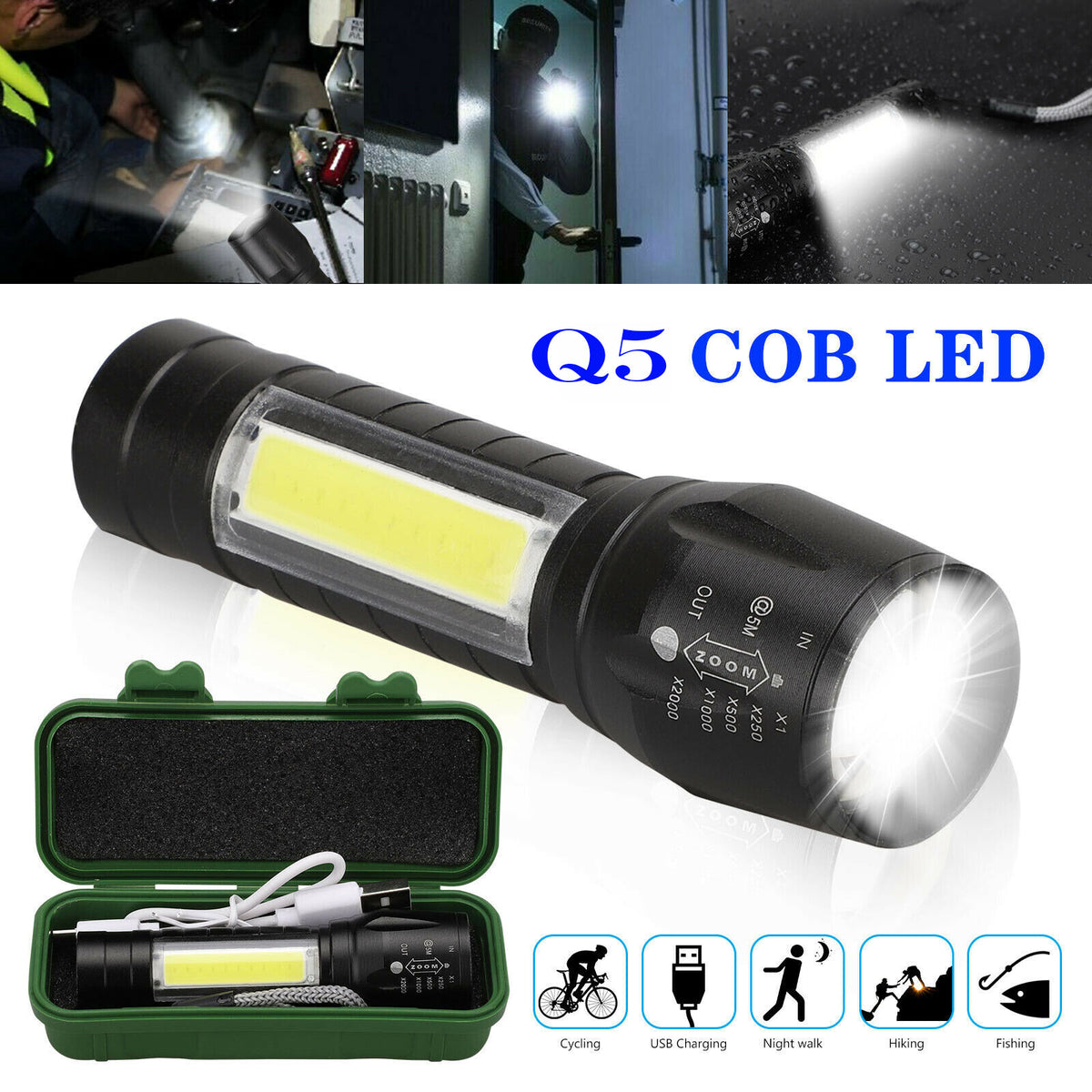 Rechargeable COB LED Flashlight 2 Pack - 3 Modes, Zoom, Side Light