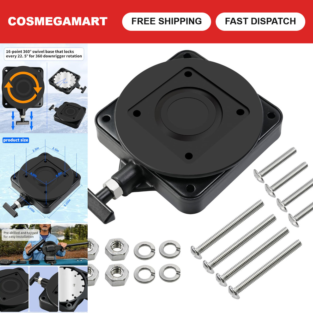 Low-Profile Swivel Base for Cannon Downrigger - Marine Boat Accessory