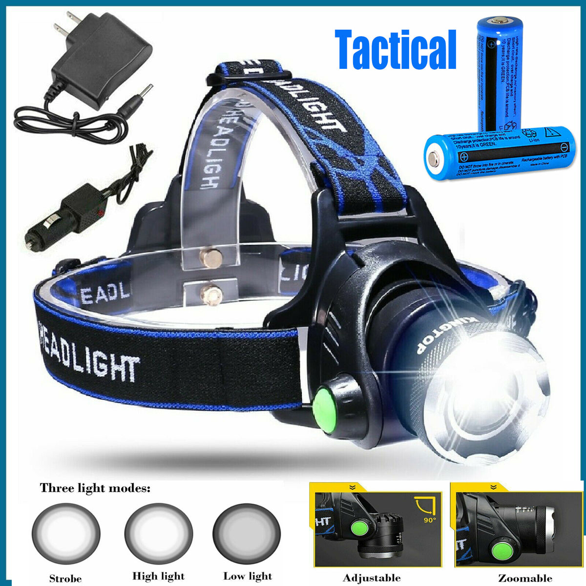 9900000LM Super Bright Rechargeable LED Headlamp with Focus Adjustment, Waterproof