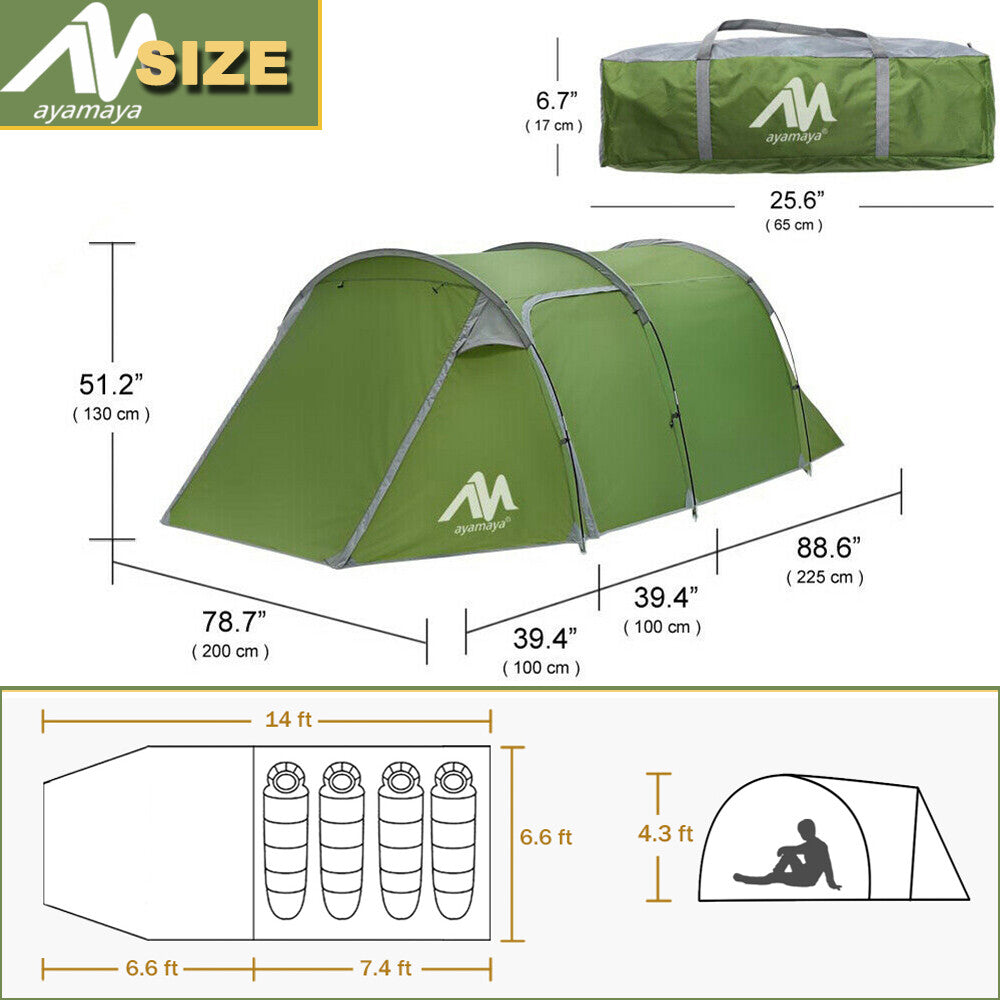 4 Person Waterproof Dome Tunnel Camping Tent with Vestibule