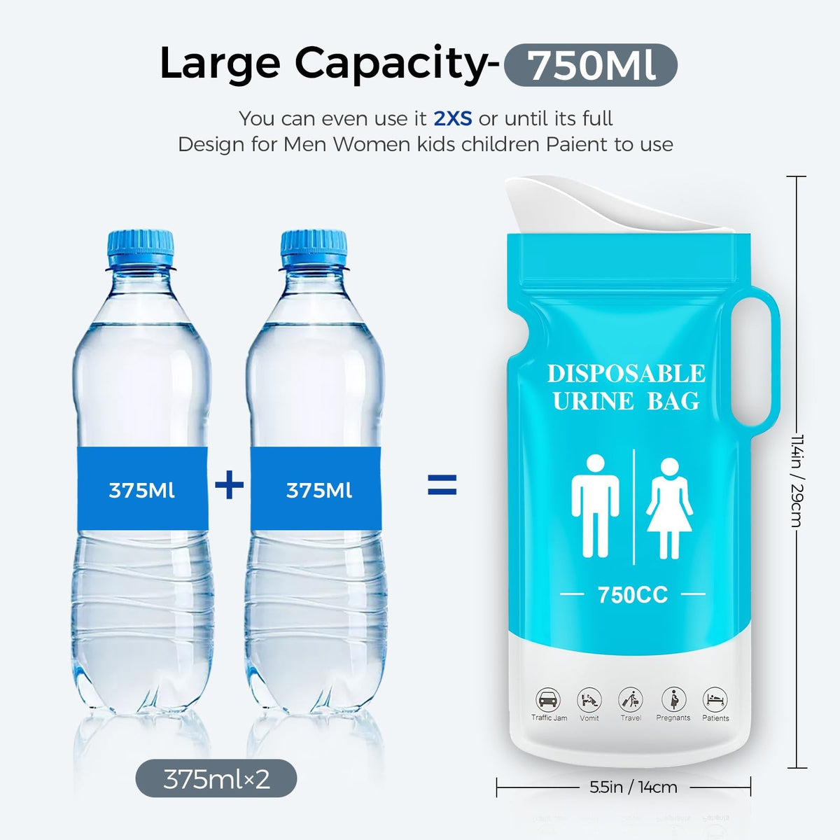 750ML Disposable Urinal Bags for Emergency Use, Portable Female Urinal Pack of 12