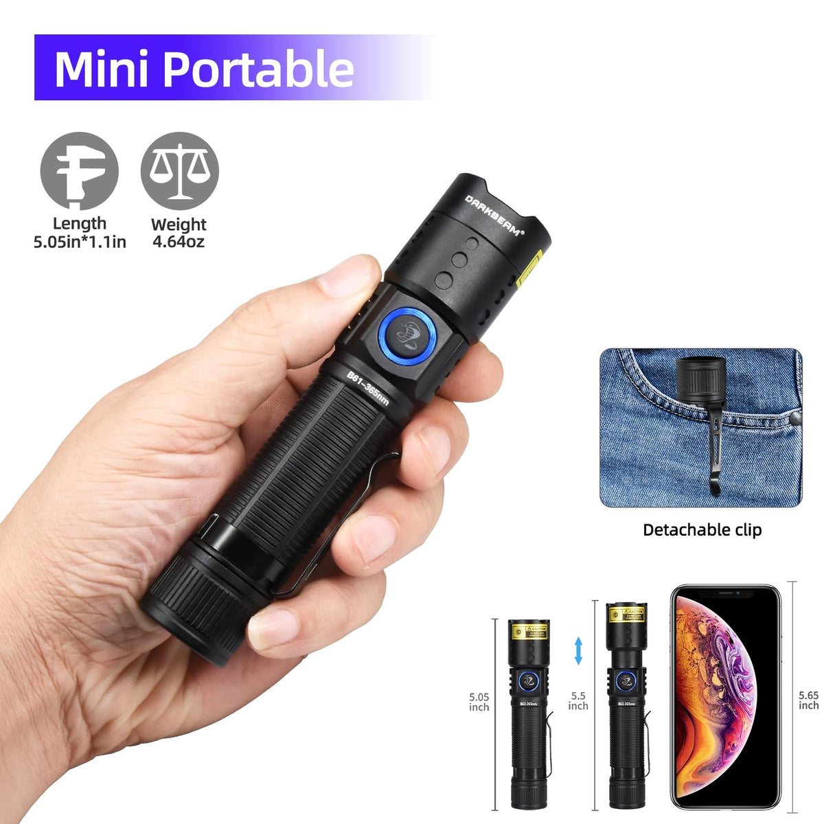 Rechargeable UV 365nm Black Light Flashlight for Pet Urine & Leak Detection