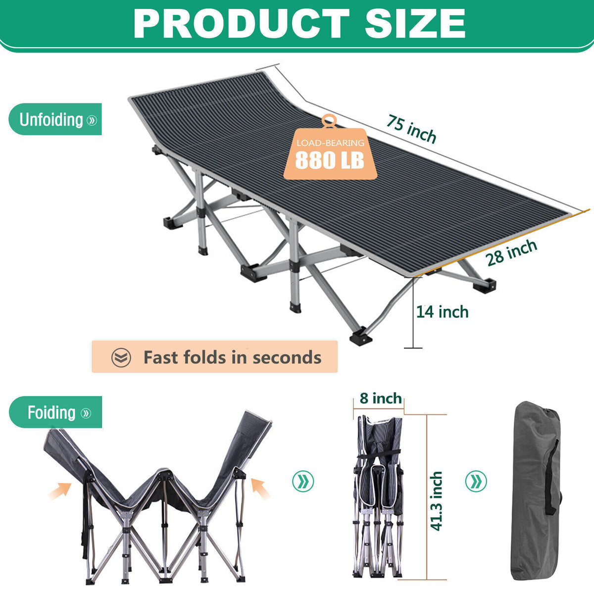 Heavy Duty Folding Camping Cot with Mattress - Portable Wide Bed for Adults