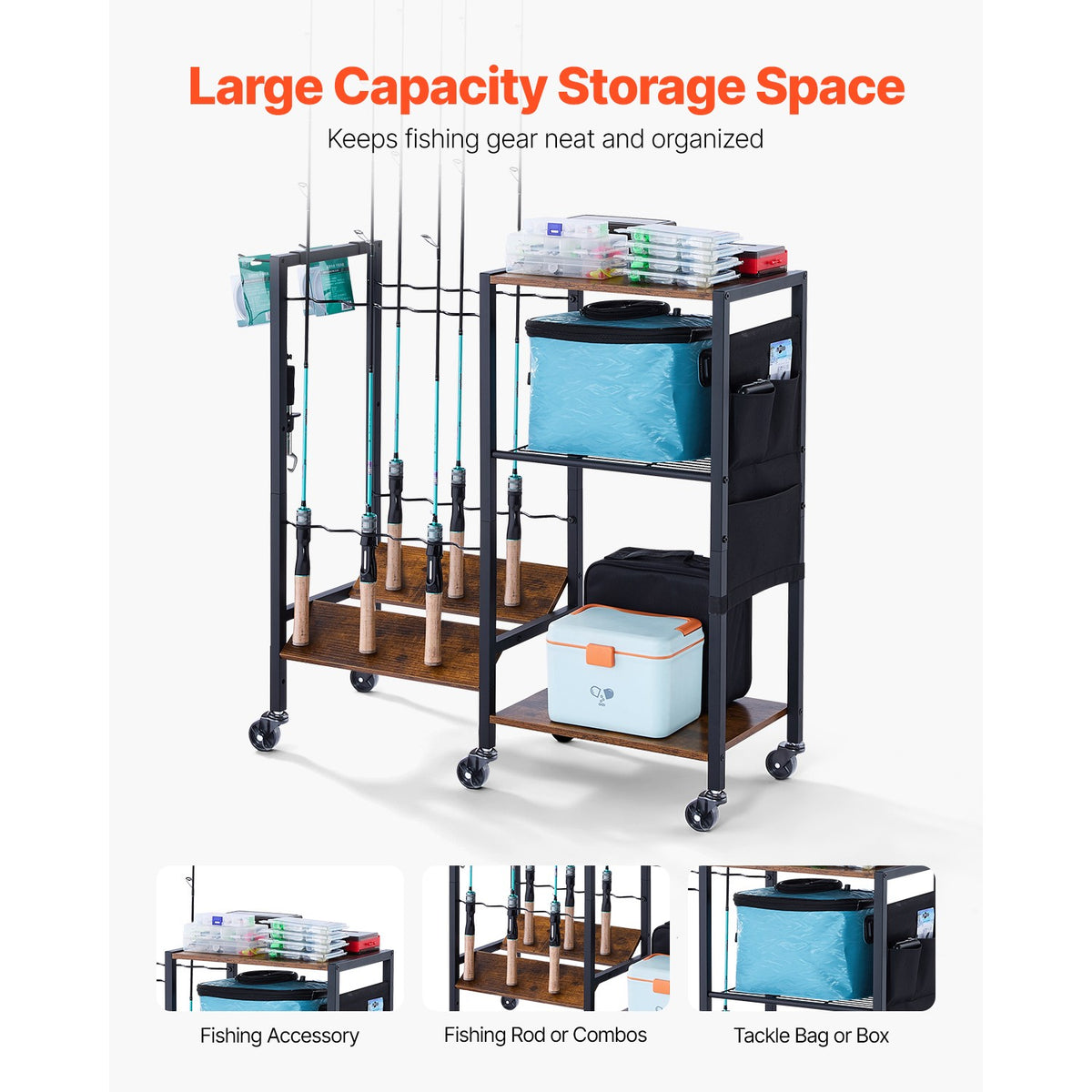 12-Pole Fishing Rod Holder Cart with Wheels for Garage & Storage