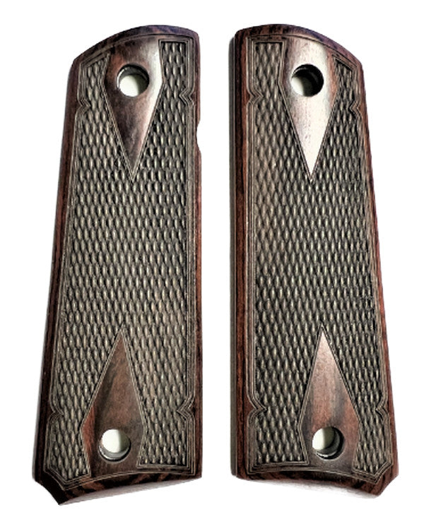 Full Size 1911 Checkered Rosewood Grips with Gold Screws - Fits Colt Kimber